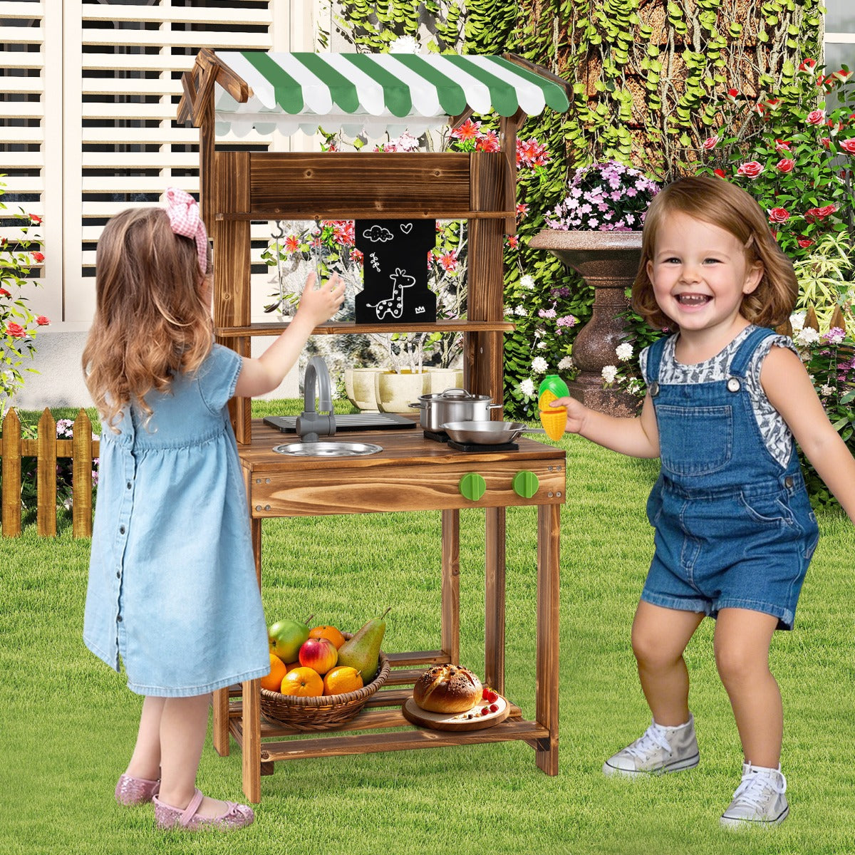 Double-Sided Mud Kitchen Wooden Barbecue Grill Playset with Canopy-Natural