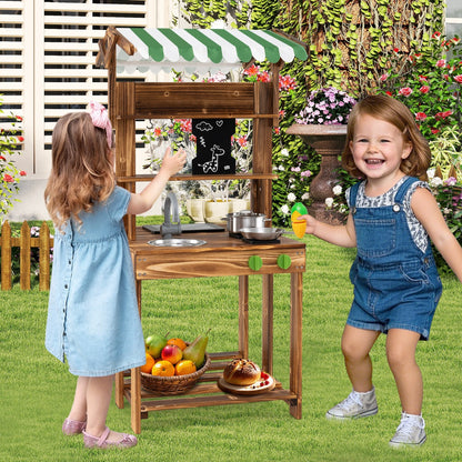 Double-Sided Mud Kitchen Wooden Barbecue Grill Playset with Canopy-Natural