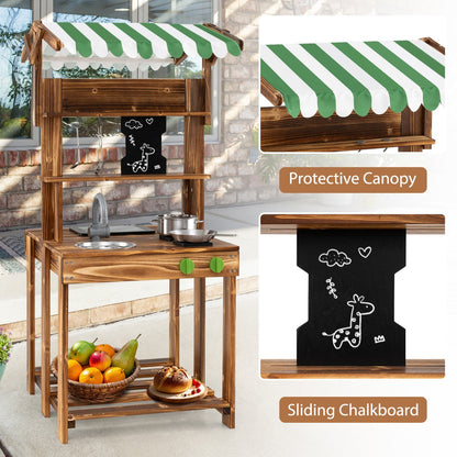 Double-Sided Mud Kitchen Wooden Barbecue Grill Playset with Canopy-Natural
