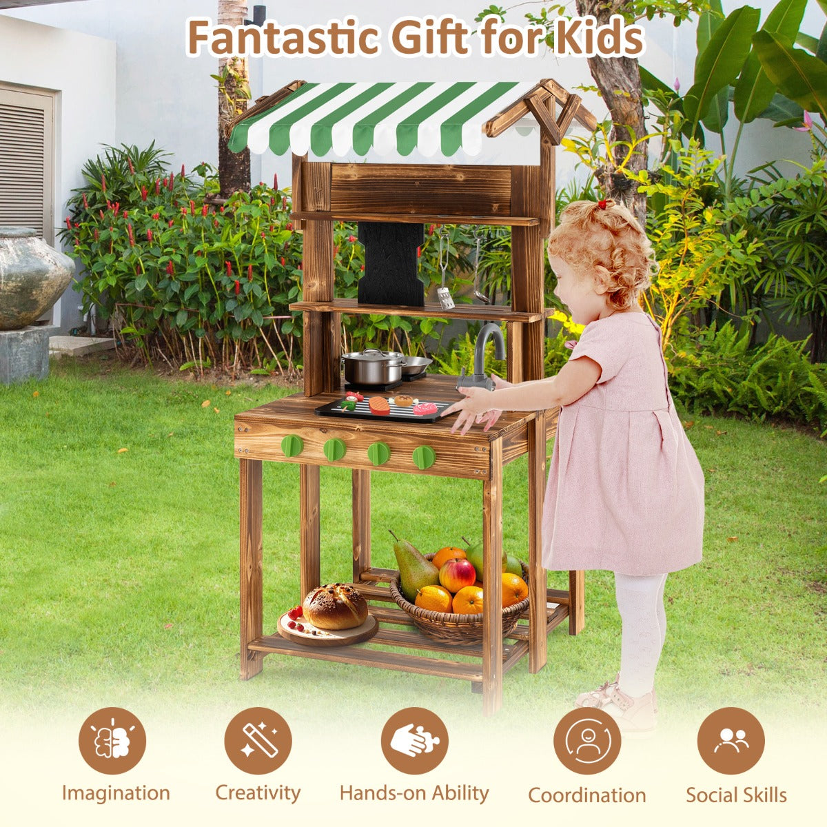 Double-Sided Mud Kitchen Wooden Barbecue Grill Playset with Canopy-Natural