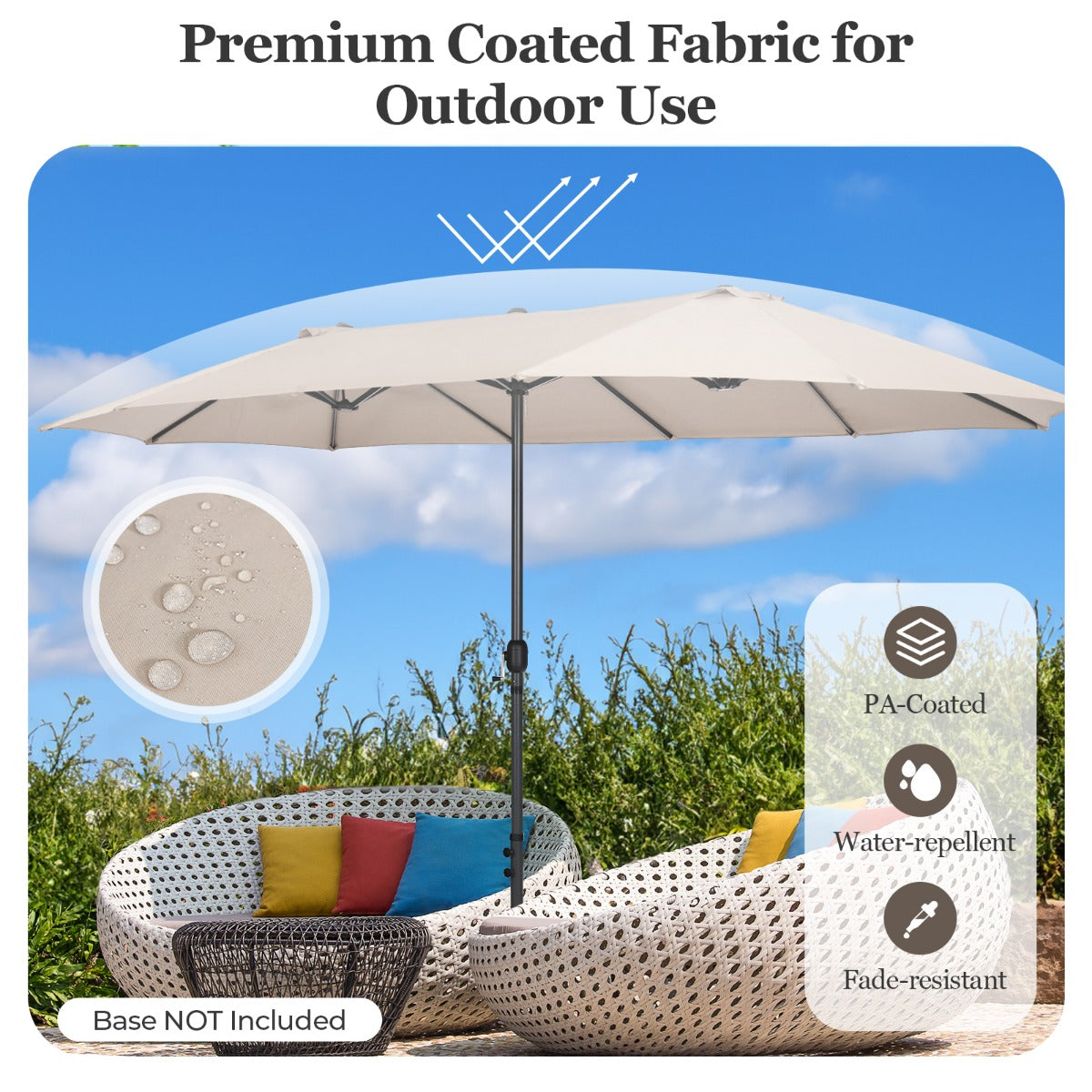 Large garden umbrella features three top vents that promote airflow and improve comfort underneath