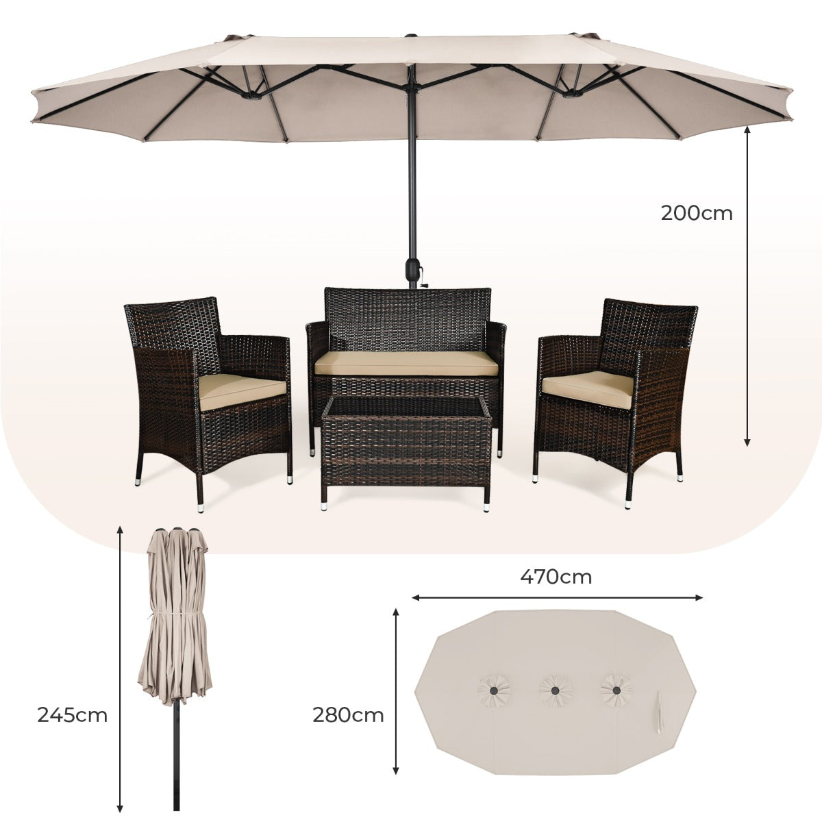 Double-sided patio umbrella with a 470 cm canopy provides generous shade for outdoor furniture and guests