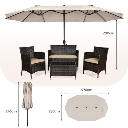 Double-sided patio umbrella with a 470 cm canopy provides generous shade for outdoor furniture and guests