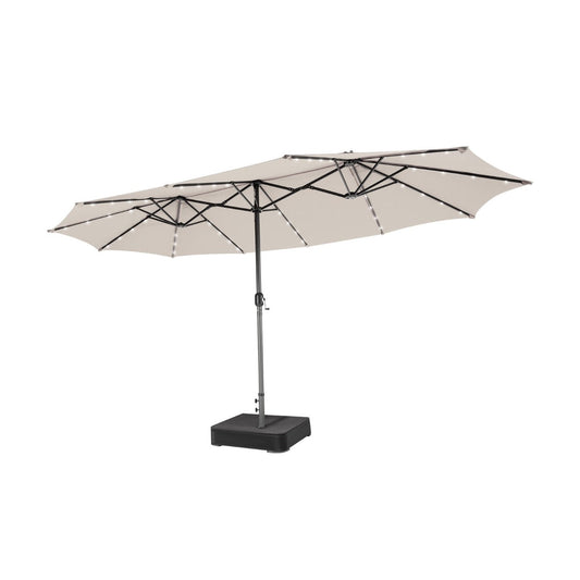 Solar twin market umbrella with 48 LED lights creates a bright and inviting evening atmosphere