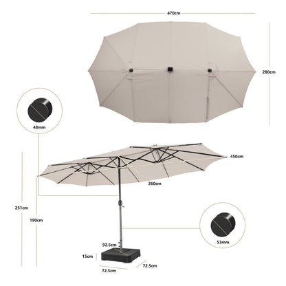 Oversized double-sided patio umbrella with a 470 cm by 280 cm canopy for expansive outdoor shade