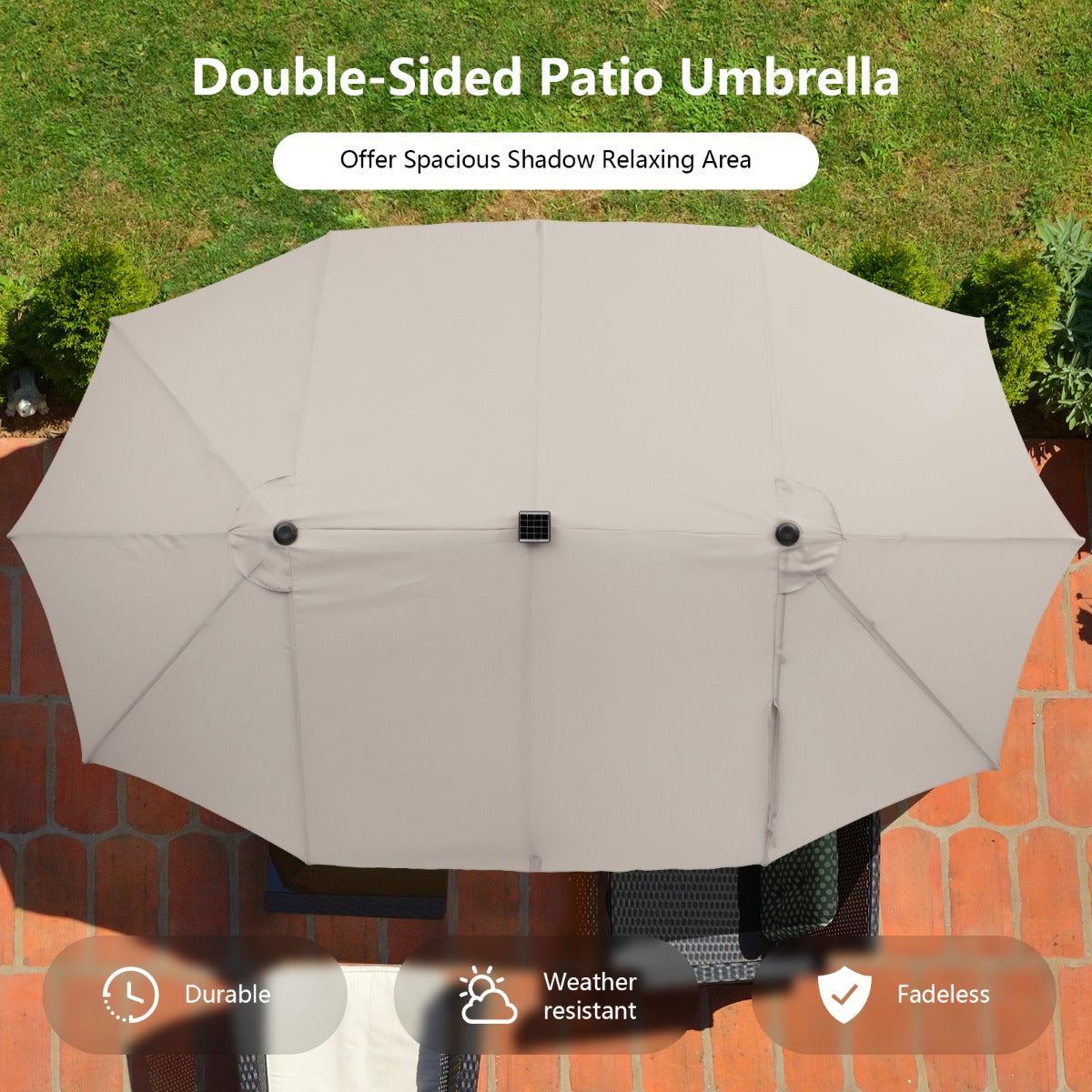 Solar-lit patio umbrella includes a safe metal stopper and rib protector for enhanced everyday security