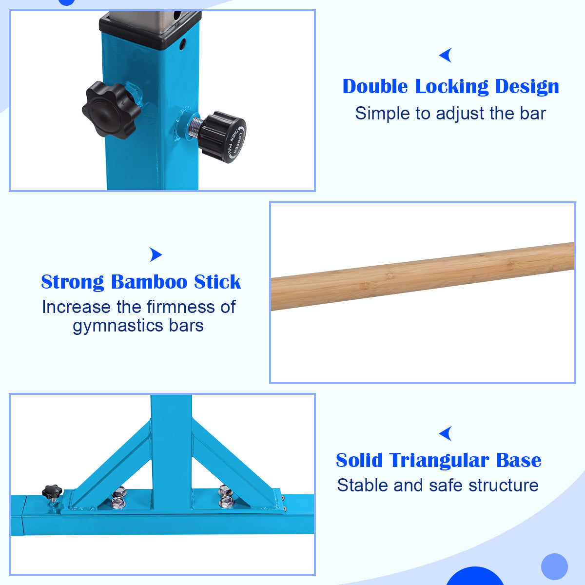 Double Gymnastics Horizontal Bar with Adjustable Width and 11-Level Heights-Blue