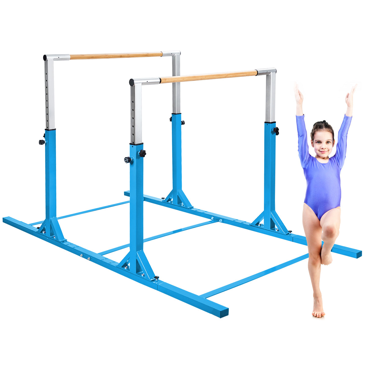 Double Gymnastics Horizontal Bar with Adjustable Width and 11-Level Heights-Blue