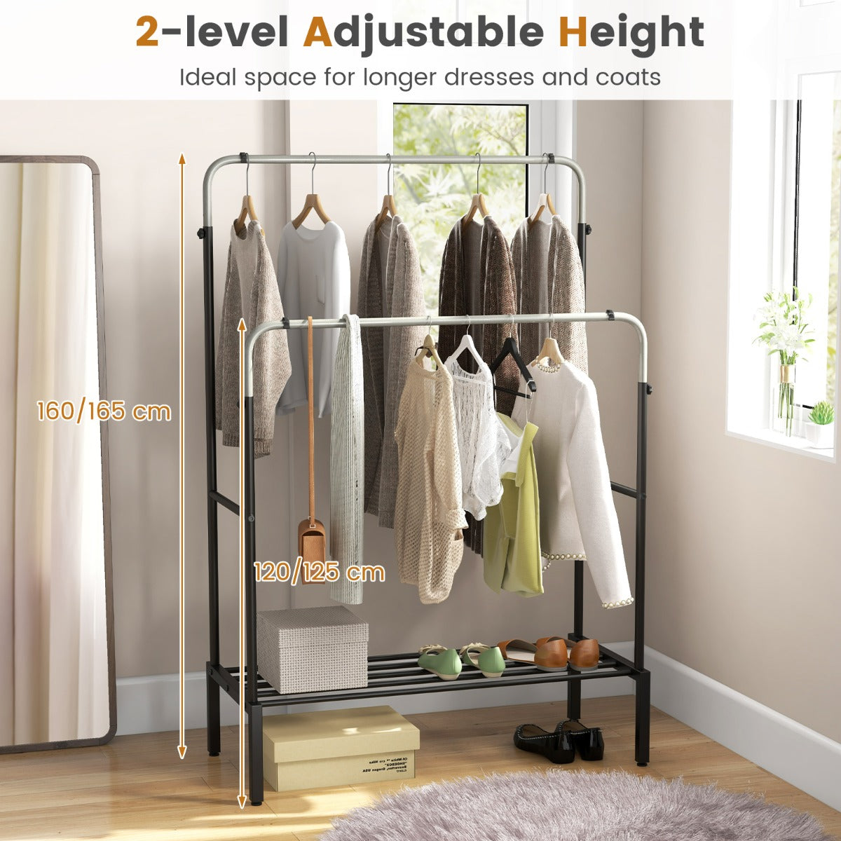 Costway Double Rod Clothes Garment Rack with Adjustable Heights for Bedroom