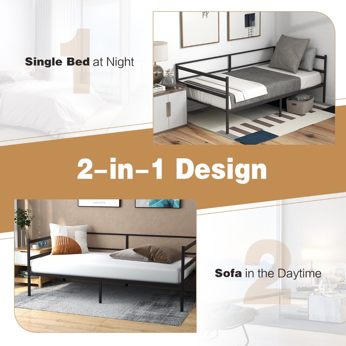 Single Size Metal Daybed Frame for Living Room and Guest Room