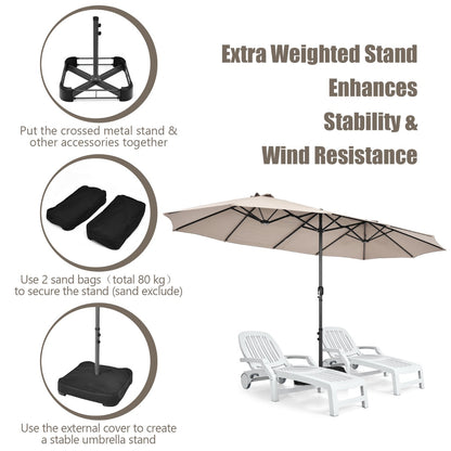 Double-Sided Patio Umbrella with Hand-Crank System and Enhanced Base for Residential and Commercial Use-Beige