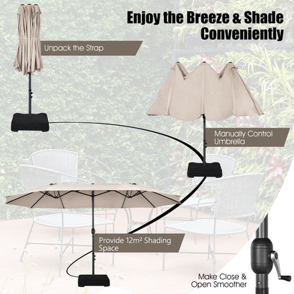 Double-Sided Patio Umbrella with Hand-Crank System and Enhanced Base for Residential and Commercial Use-Beige