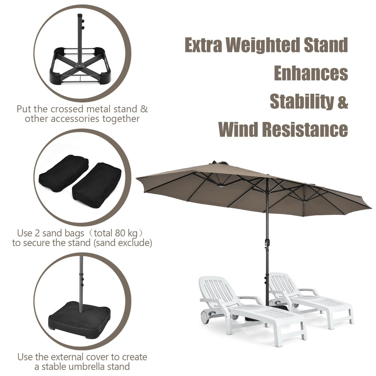 Double-Sided Patio Umbrella with Hand-Crank System and Enhanced Base for Residential and Commercial Use-Coffee
