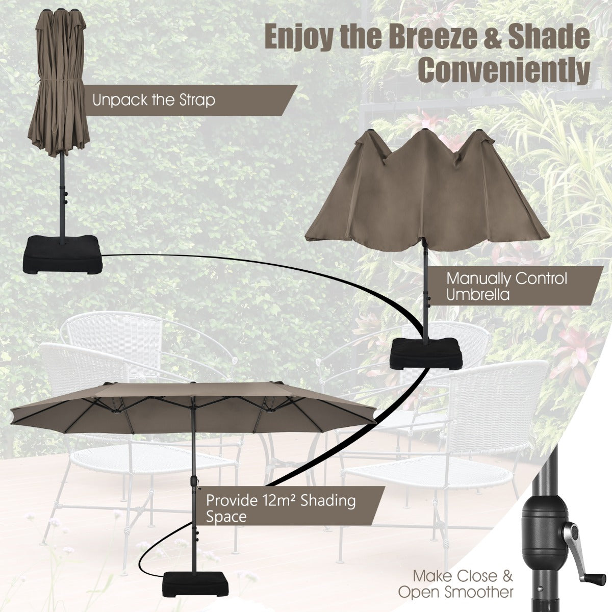 Double-Sided Patio Umbrella with Hand-Crank System and Enhanced Base for Residential and Commercial Use-Coffee
