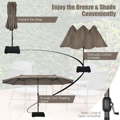 Double-Sided Patio Umbrella with Hand-Crank System and Enhanced Base for Residential and Commercial Use-Coffee