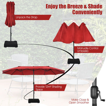 Costway Double-Sided Patio Umbrella with Hand-Crank System and Enhanced Base for Residential and Commercial Use-Wine