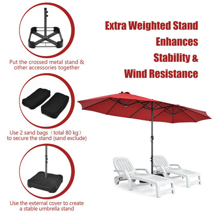 Costway Double-Sided Patio Umbrella with Hand-Crank System and Enhanced Base for Residential and Commercial Use-Wine