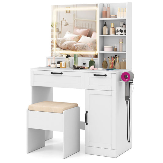 Dressing Table and Chair Set with 3 Lighting Modes and Adjustable Brightness-White