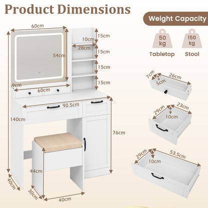 Dressing Table and Chair Set with 3 Lighting Modes and Adjustable Brightness-White