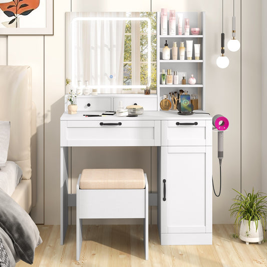Dressing Table and Chair Set with 3 Lighting Modes and Adjustable Brightness-White