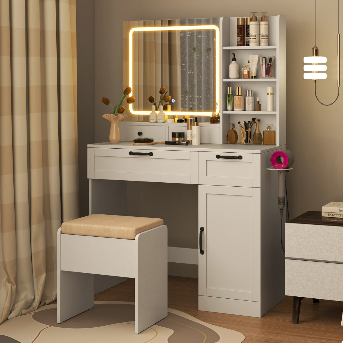 Dressing Table and Chair Set with 3 Lighting Modes and Adjustable Brightness-White