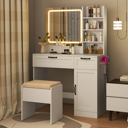 Dressing Table and Chair Set with 3 Lighting Modes and Adjustable Brightness-White