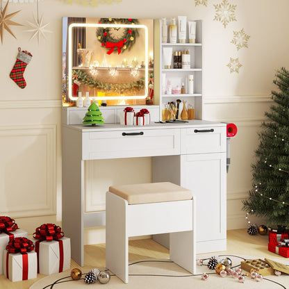 Dressing Table and Chair Set with 3 Lighting Modes and Adjustable Brightness-White