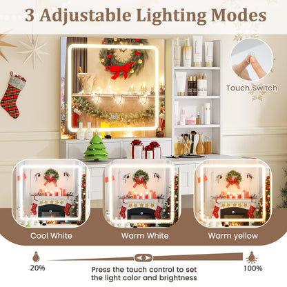 Dressing Table and Chair Set with 3 Lighting Modes and Adjustable Brightness-White