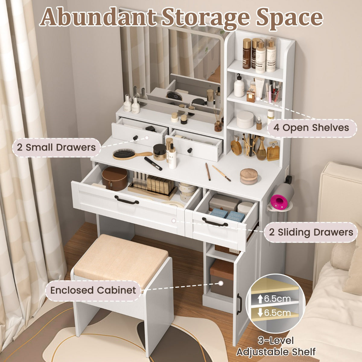 Dressing Table and Chair Set with 3 Lighting Modes and Adjustable Brightness-White