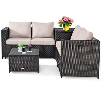 Costway 4 Pieces Outdoor Rattan Furniture Set with Cushioned Loveseat Storage Table for Patio