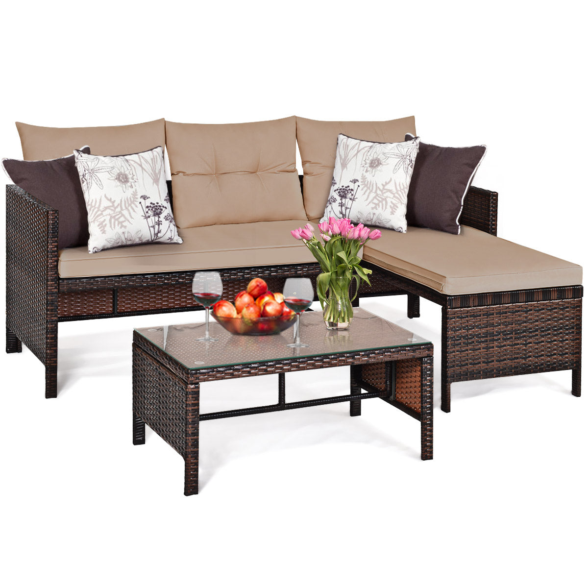 Modern outdoor wicker sectional set combines a loveseat sofa, lounge sofa, and coffee table