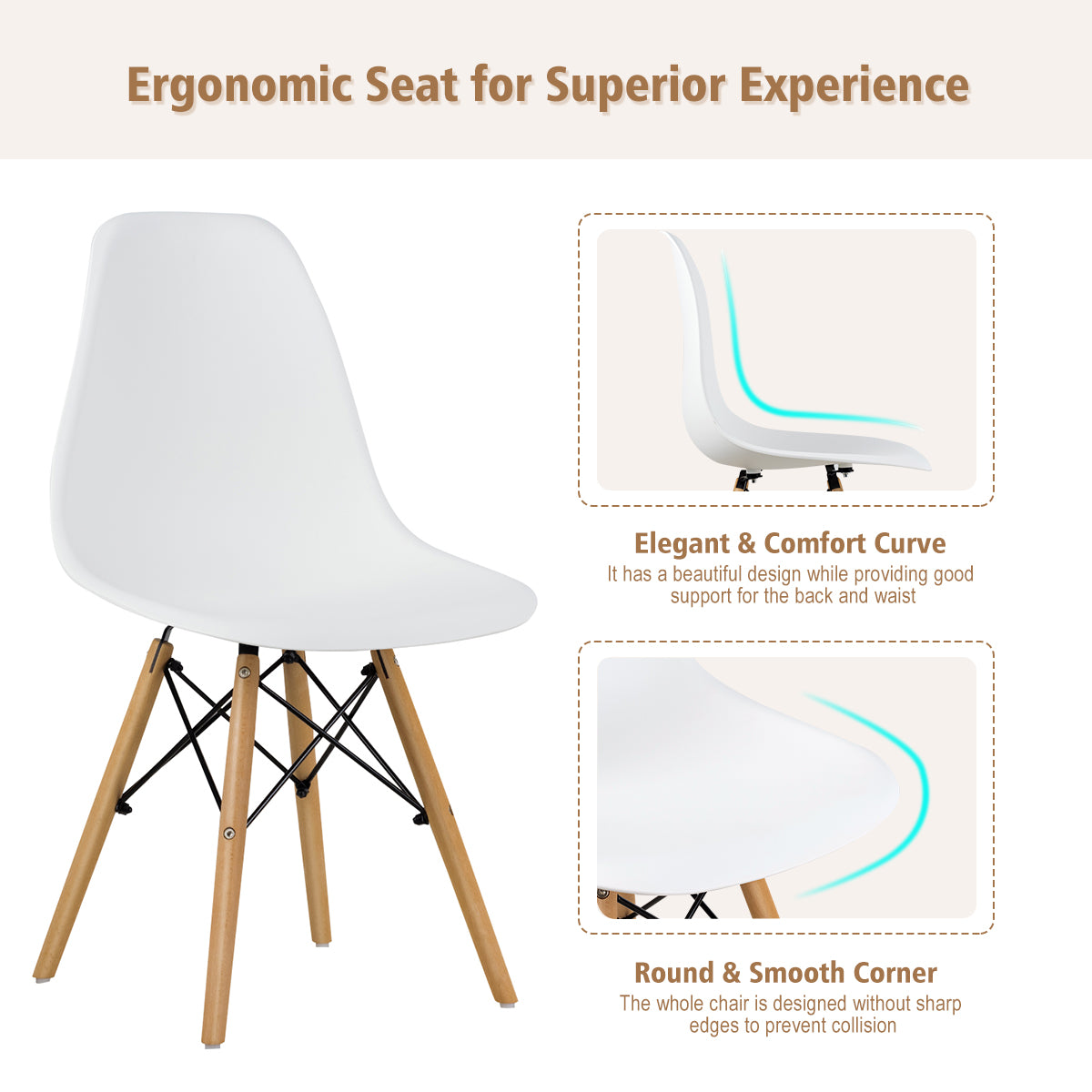 Eames Dining Chairs Plastic Pre Assembled Chairs with Wood Legs-White