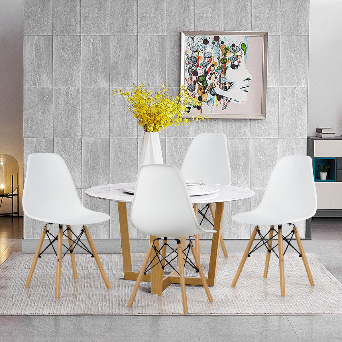 Eames Dining Chairs Plastic Pre Assembled Chairs with Wood Legs-White