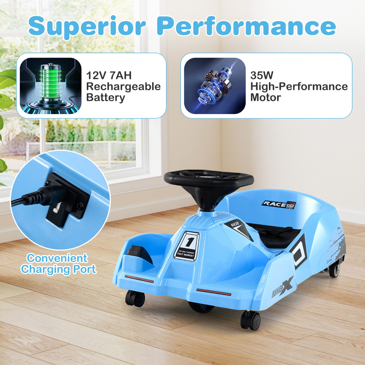 Electric Cleaning Go Kart 12V Ride on Race Car-Blue