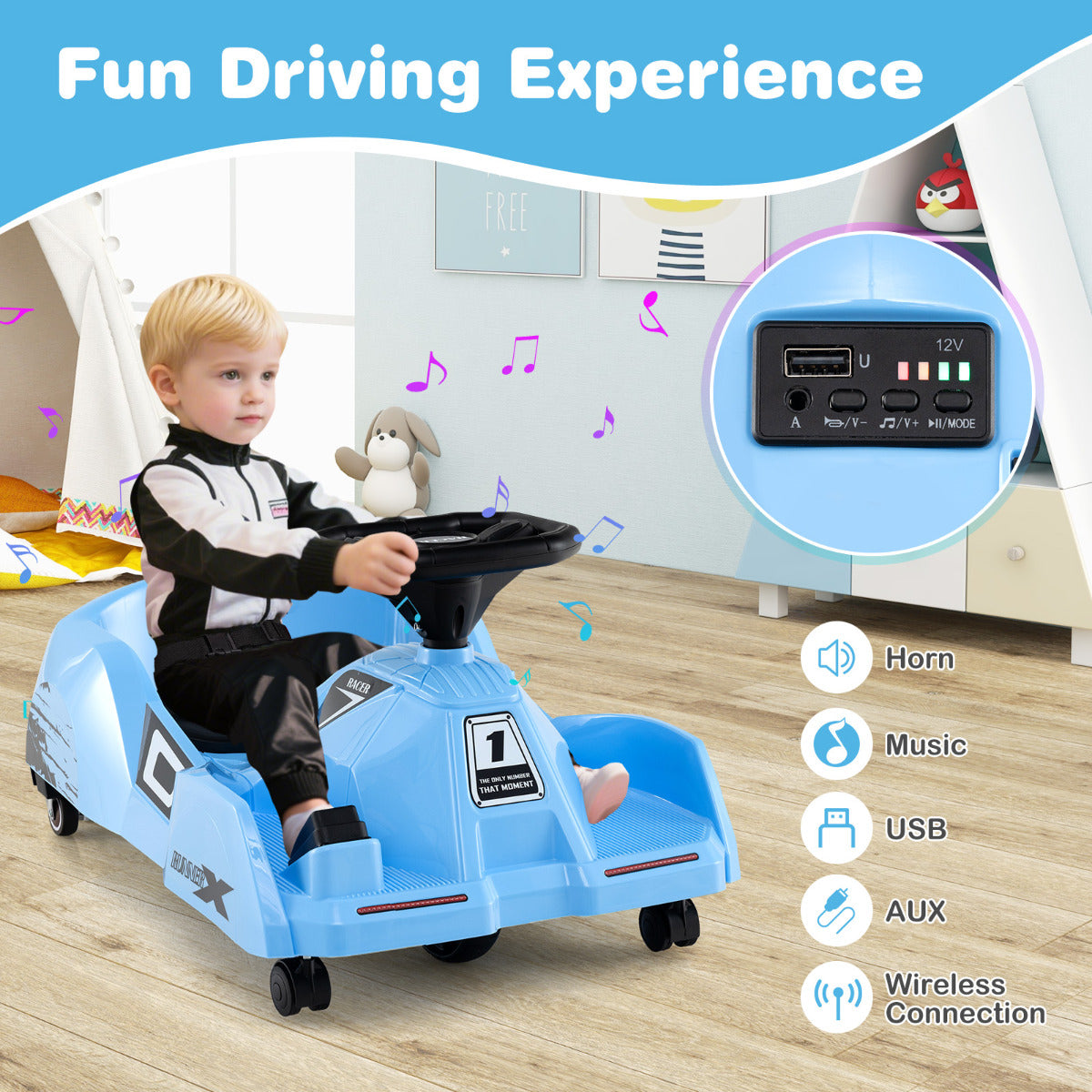 Electric Cleaning Go Kart 12V Ride on Race Car-Blue