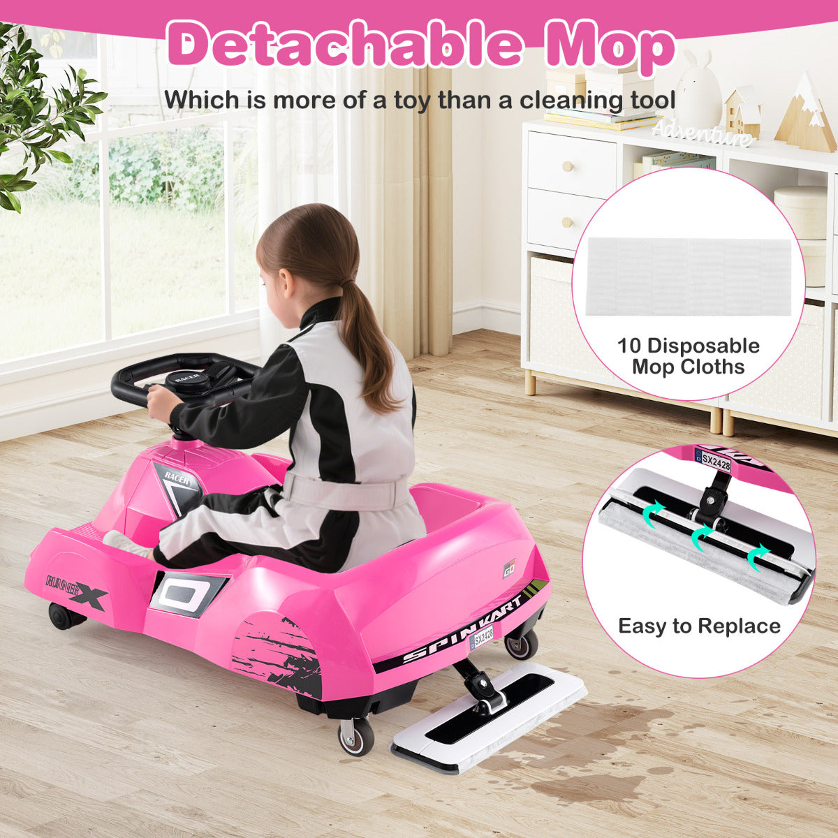 Electric Cleaning Go Kart 12V Ride on Race Car-Pink