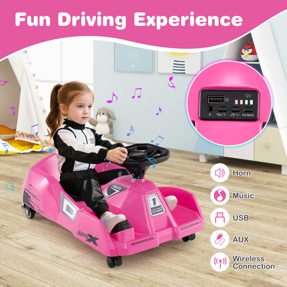 Electric Cleaning Go Kart 12V Ride on Race Car-Pink