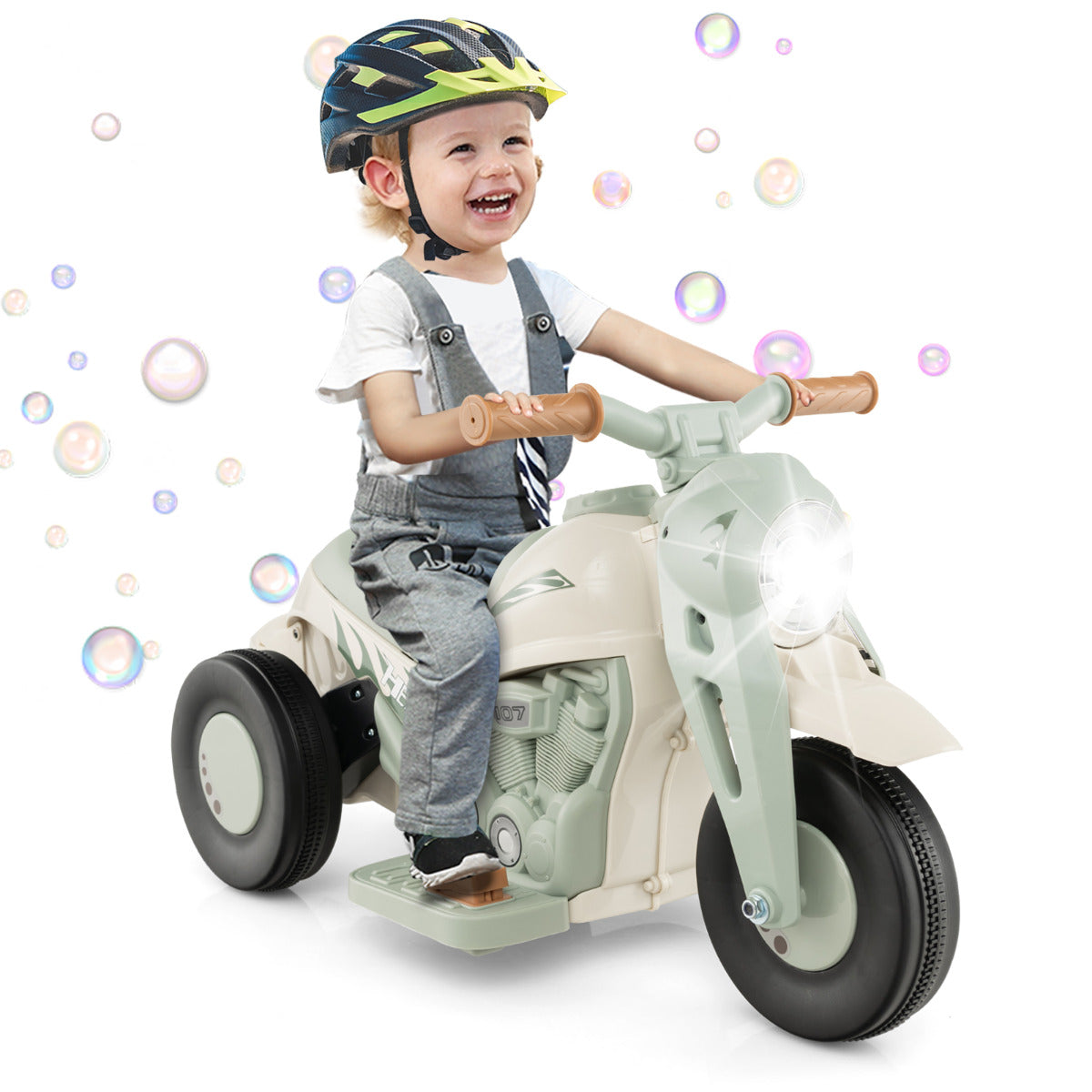 Electric Kid Ride on Motorcycle with Bubble Maker and Music Button-Beige