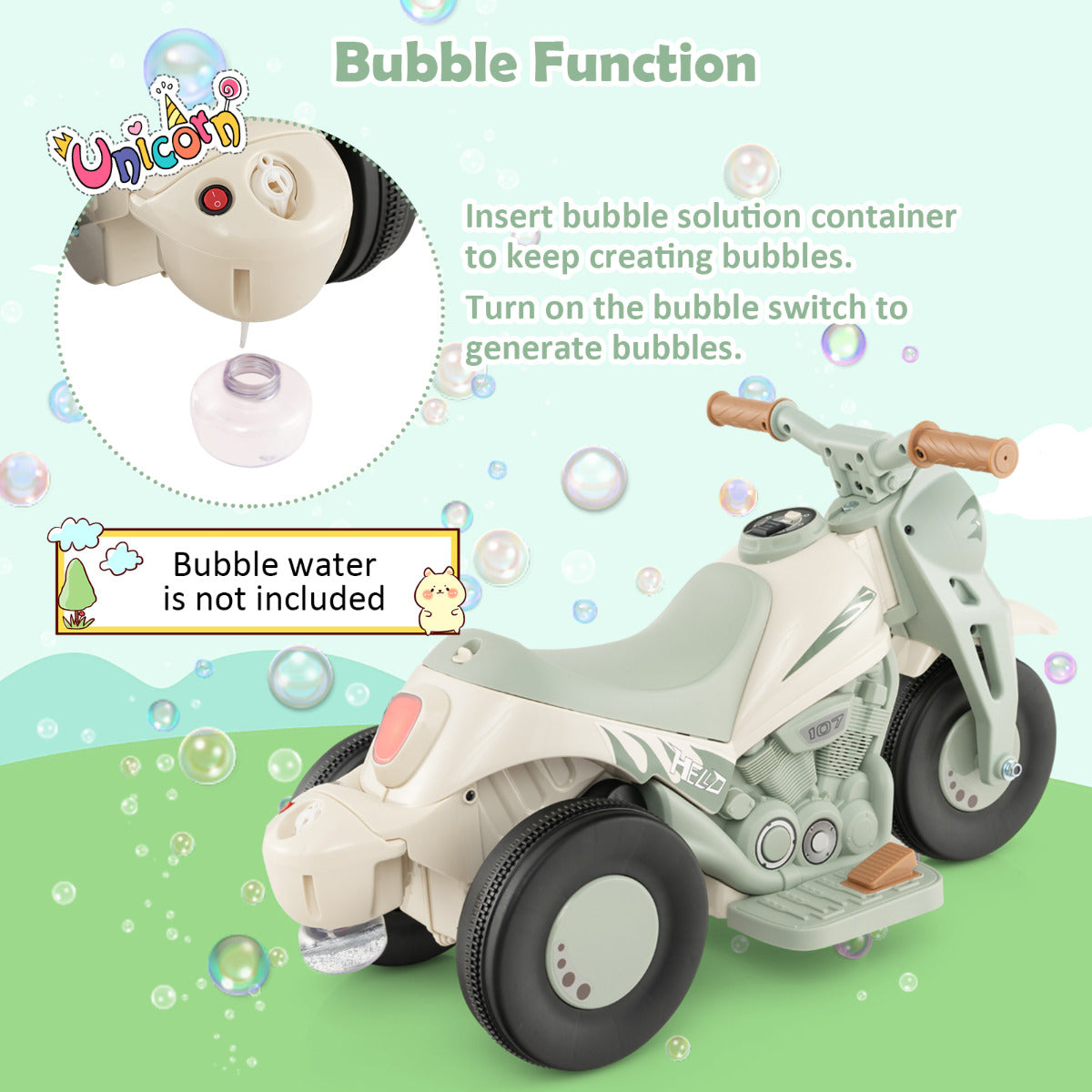 Electric Kid Ride on Motorcycle with Bubble Maker and Music Button-Beige