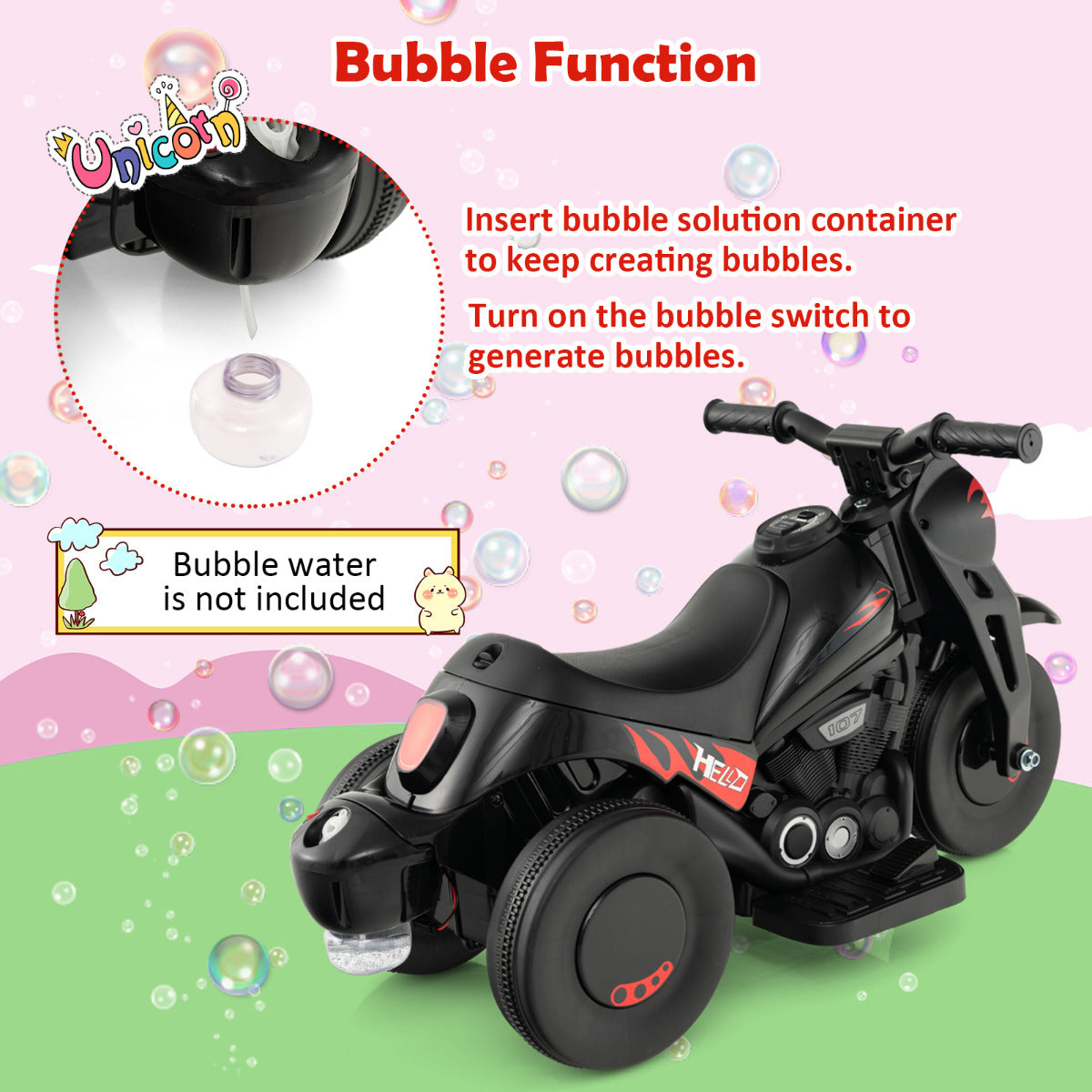 Electric Kid Ride on Motorcycle with Bubble Maker and Music Button-Black