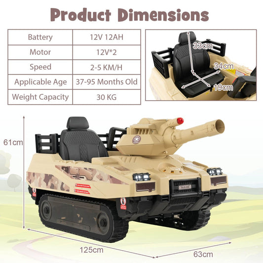 12V Electric Kids Ride-On Tank with Rotating Turret & Remote Control