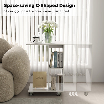 C-Shaped End Table with Storage Shelves and Lockable Universal Casters-White