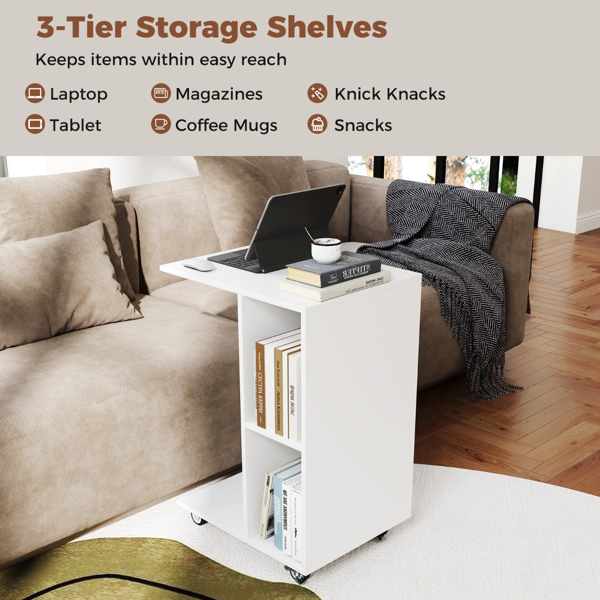 C-Shaped End Table with Storage Shelves and Lockable Universal Casters-White