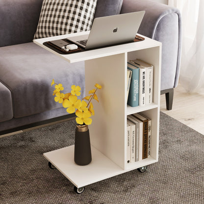 C-Shaped End Table with Storage Shelves and Lockable Universal Casters-White