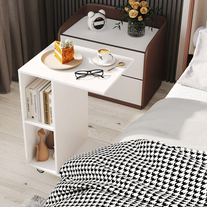 C-Shaped End Table with Storage Shelves and Lockable Universal Casters-White