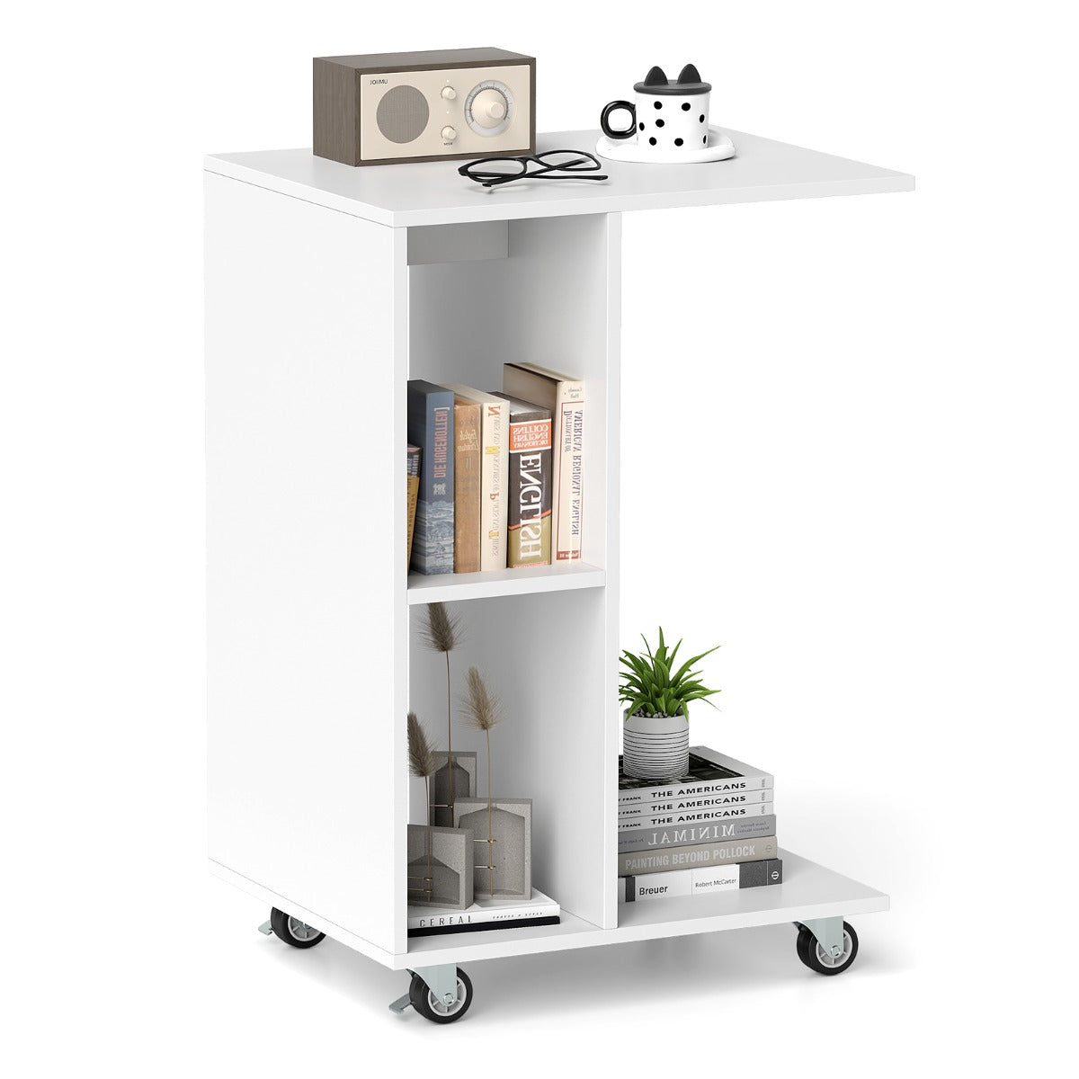 C-Shaped End Table with Storage Shelves and Lockable Universal Casters-White