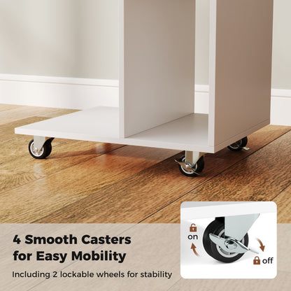 C-Shaped End Table with Storage Shelves and Lockable Universal Casters-White