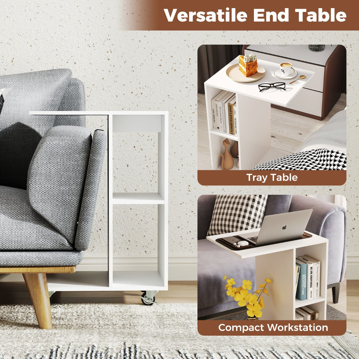 C-Shaped End Table with Storage Shelves and Lockable Universal Casters-White