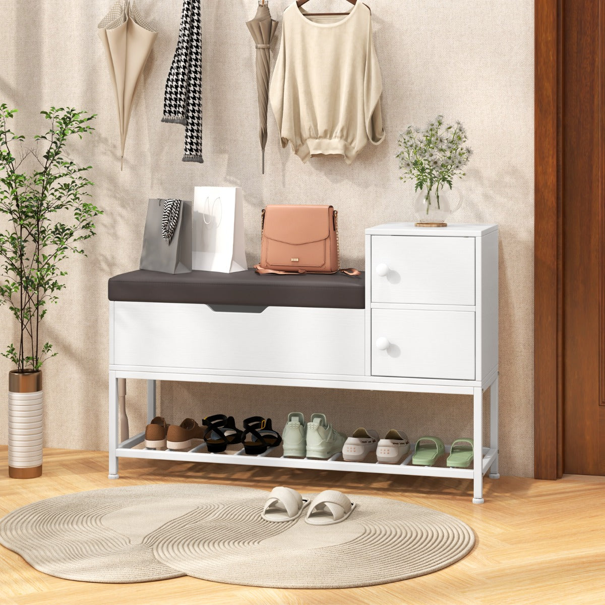 Entryway Bench with Flip Top Box and 2 Door Cabinets for Hallway Living Room-White