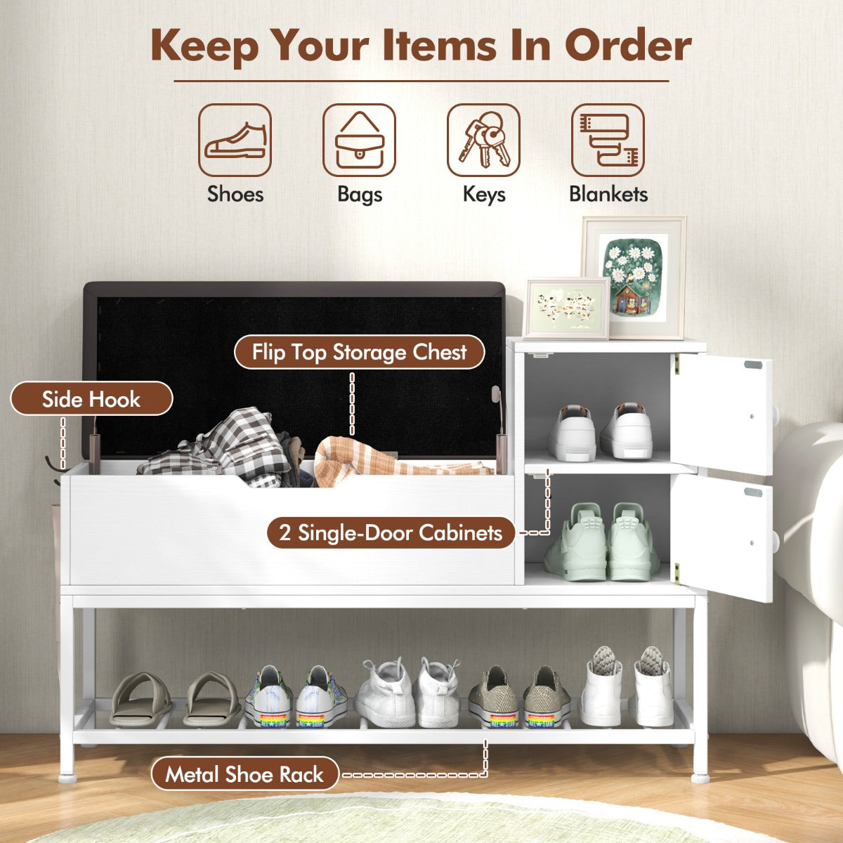 Entryway Bench with Flip Top Box and 2 Door Cabinets for Hallway Living Room-White